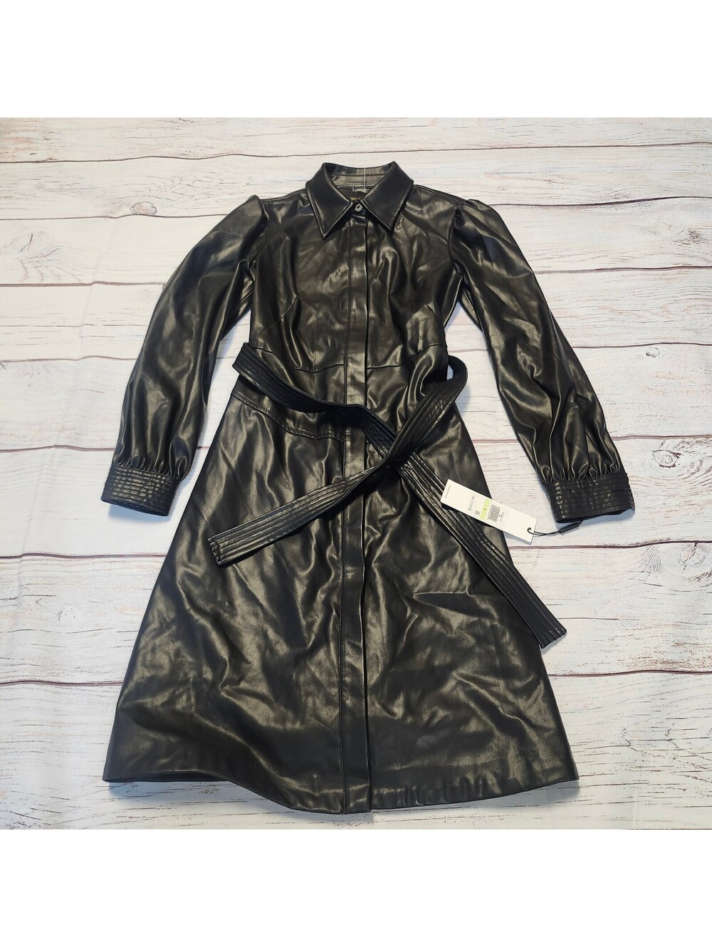 Calvin Klein Women's Faux Leather Collared Shirt Dress Belted Size 4 Black NWT